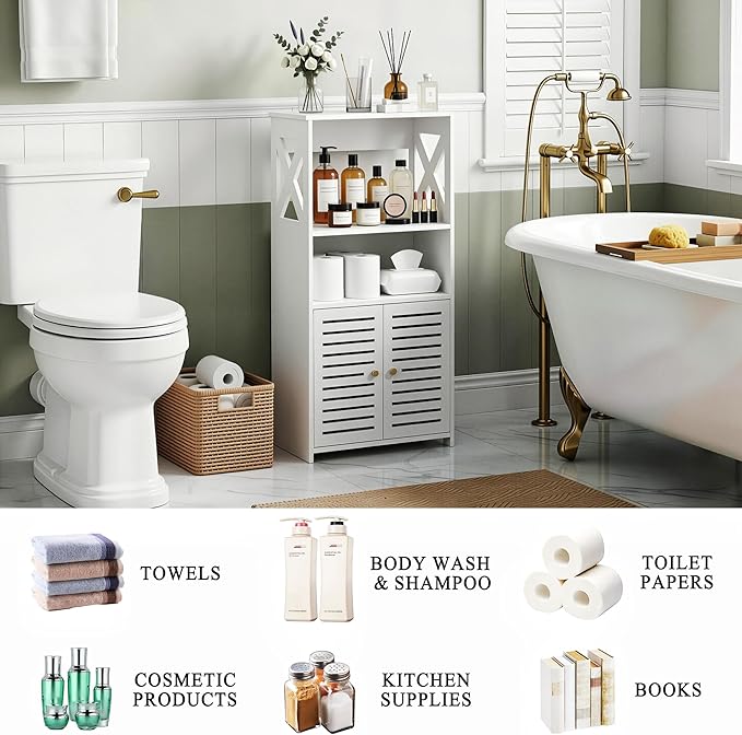 BYFU Bathroom Storage Cabinet, 4-Tier White Small Floor Cabinet Freestanding Organizer with Door and Shelf for Living Room Hallway Kitchen Small Space