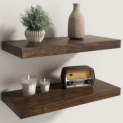 Fun Memories Solid Elm Wood Floating Shelves Set of 2-20 Inch Rustic Wall Shelves with Heavy-Duty Invisible Brackets - for Living Room, Kitchen, Bedroom, Bathroom - Walnut Finish