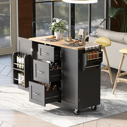 Rolling Kitchen Island with Storage, Kitchen Cart with Rubber Wood Top,3 Drawer,2 Slide-Out Shelf and Internal Storage Rack, Kitchen Island on Wheels with Spice Rack & Tower Rack (Black~09)