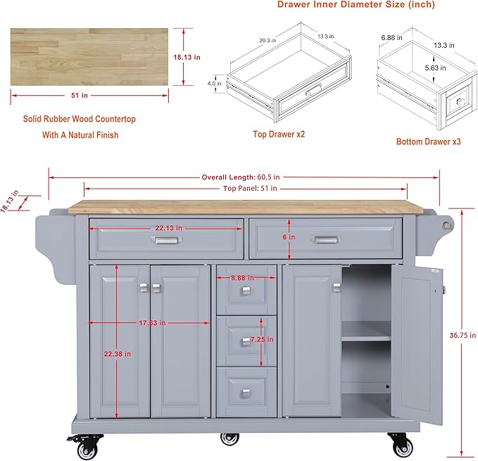 GOWE Kitchen Island with Rubber Wood Countertop, Kitchen Cart on 5 Wheels with Storage Cabinet and 5 Drawers for Dinning Room, Grey