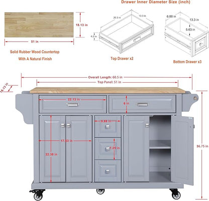 GOWE Kitchen Island with Rubber Wood Countertop, Kitchen Cart on 5 Wheels with Storage Cabinet and 5 Drawers for Dinning Room, Grey