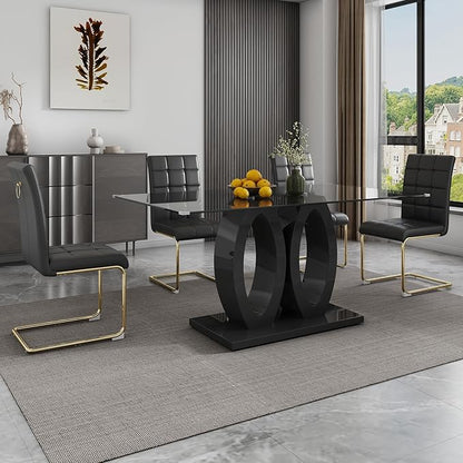 5-Piece Glass Dining Table Set, 63" Black Kitchen Table with O-Shape MDF Base, Dining Room Set for 4 with 4 Leather Upholstered Chair for Kitchen, Dining Room (Black,Gold)