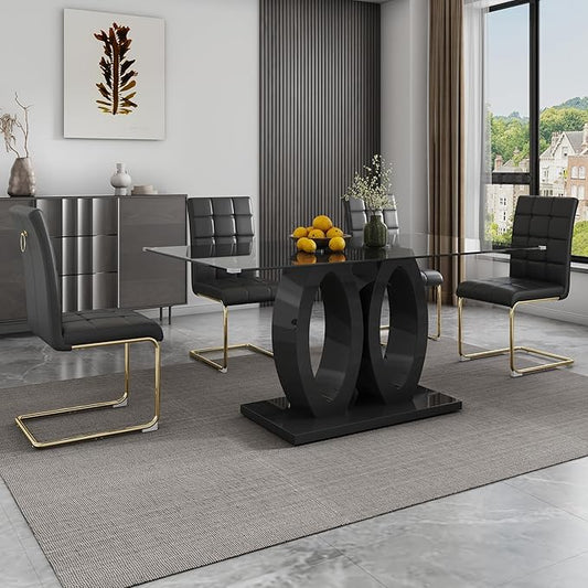 5-Piece Glass Dining Table Set, 63" Black Kitchen Table with O-Shape MDF Base, Dining Room Set for 4 with 4 Leather Upholstered Chair for Kitchen, Dining Room (Black,Gold)
