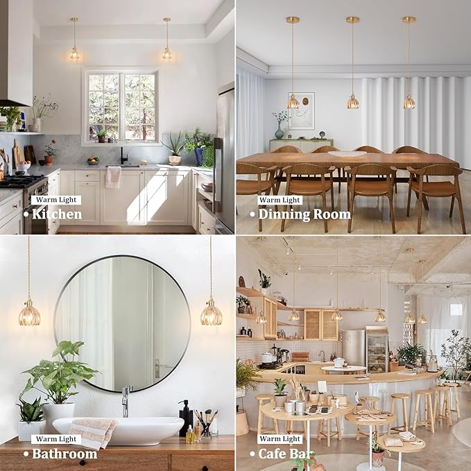 Shenmoyl Pendant Light 2 Pack with Amber Tulip Glass Lmapshade, Brass Vintage Pendant Light Adjustable Hanging Light for Kitchen Island Dining Room Hallway
