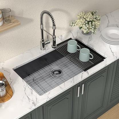 Lordear 32 Black Kitchen Sink Undermount 32x19x10 Inch Gunmetal Black 16 Gauge Stainless Steel Single Under Counter Rectangular Handmade Sinks Basin