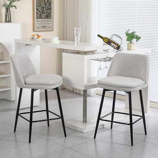 Counter Height Swivel Bar Stools Set of 2, 360° Swivel Upholstered Barstools with Back and Metal Legs, 25.6" Seat Height,Counter Stools for Kitchen Island and Pub,Linen Cloth,Off White Linen.