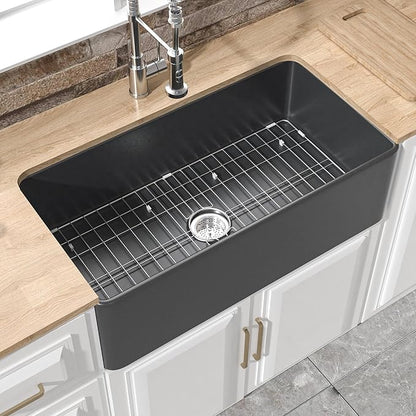 Black Farmhouse Sink 33 x 18 Inch, Single Bowl Firecaly Apron Front Undermount Farm Sink, with Accessories 2 Types, Matte Black, for Kitchen