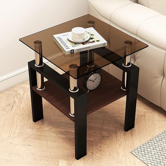 Set of 2 Glass End Table, 2-Layer Glass Living Room Table, Modern Tea Table Side Tables for Home Office Furniture