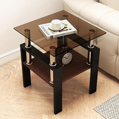 Set of 2 Glass End Table, 2-Layer Glass Living Room Table, Modern Tea Table Side Tables for Home Office Furniture