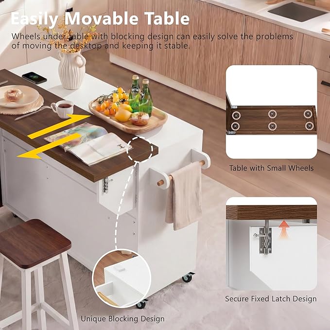 Kitchen Island with Extendable Dining Table, Rolling Kitchen Cart with Drawers and Trash Storage Cabinet, Island Mobile Dining Table on Wheels with 3-Tier Pull-Out Spice Rack for Small Space White