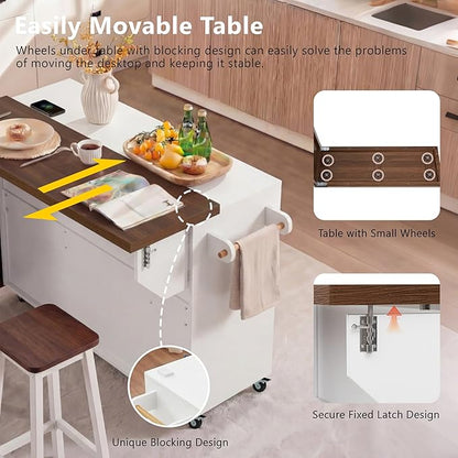 Kitchen Island with Extendable Dining Table, Rolling Kitchen Cart with Drawers and Trash Storage Cabinet, Island Mobile Dining Table on Wheels with 3-Tier Pull-Out Spice Rack for Small Space White