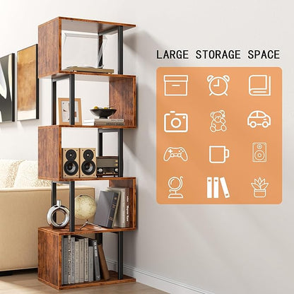 Furologee 6 Tier Bookshelf, Tall S Shaped Geometric Bookcase, Modern Display Shelf Standing Unit, Wood Metal Decorative Divider Rack for Living Room Bedroom Office, Rustic Brown | Tall, Bookcase, Display, Book Shelf, Decorative, Bookshelves