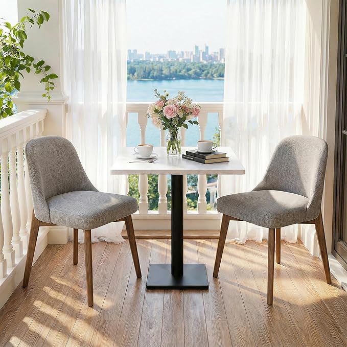 Casaphoria Set of 2 Dining Room Chairs, Mid Century Modern Accent Chairs with Cushioned Seat and Weathered Oak Wood Legs, Light Grey Fabric Dining Chairs for Kitchen, Bedroom, or Office Use