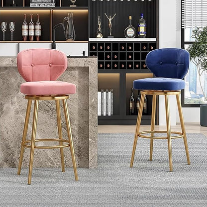 Counter Height stools Set of 2, 360° s with Back and Footrest, Thickened Upholstered Cushion, Tall Chairs for Kitchen Island, Dining Room, Home, Cafe,Blue-Sitting Height 65cm