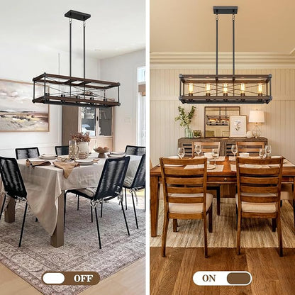Farmhouse Kitchen Island Lighting, 5-Light Solid Wood 31.5” Dining Room Pendant Light Fixtures, Rustic Chandelier with Adjustable Height for Dining Room Kitchen Bar Pool Table, Walnut Color