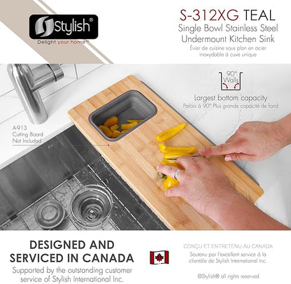 Stylish Undermount Kitchen Sink 25 x 18 Inch 16G Stainless Steel Sink 10mm Radius Corners Single Bowl Kitchen Sinks with Bottom Grid and Luxury Basket Strainer, S-312XG
