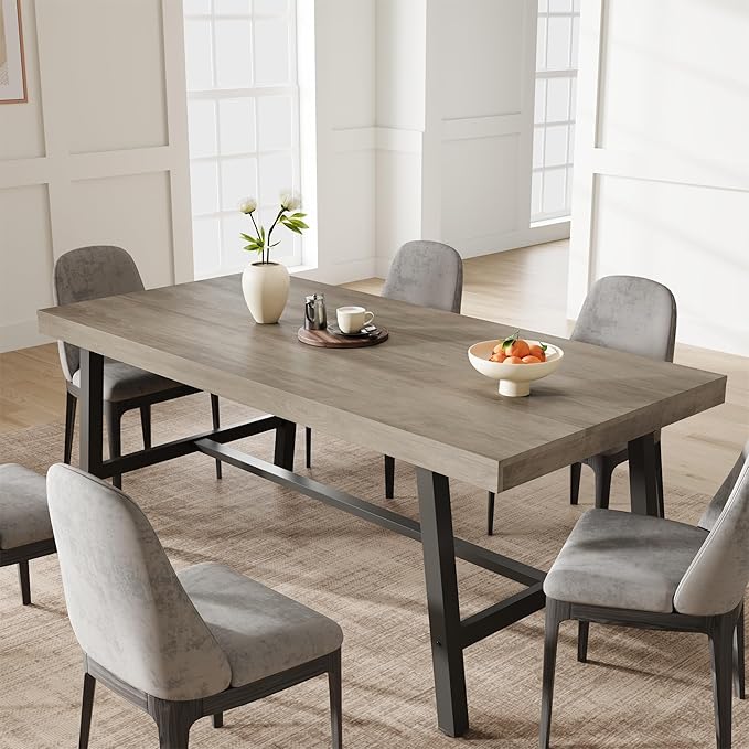 GarveeHome 70.87 in Industrial Dining Table for 6-8 People, Long Rectangular Table for Dining Room & Kitchen, Heavy Duty Metal Frame, Rustic Grey, Multipurpose Dining & Work Table