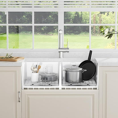 HOROW HRSW Farmhouse Kitchen Sink, 33-inch Double Bowl Sink with Bottom Grid and Strainer,Large Apron-front Ceramic Porcelain Sink Basin, 18"D x 33"W x 10"H, White