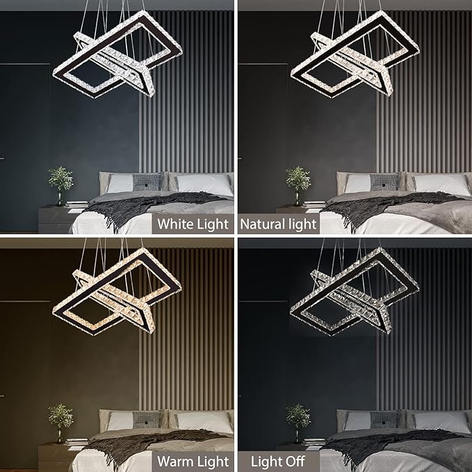 Dimmable Crystal Chandelier, Modern Rectangular 2 Ring LED Pendant Light with Remote & App Control, 20.5"+17" Adjustable Hanging Height, 3 CCT 2500K/4500K/6500K, Kitchen Island Dining Room