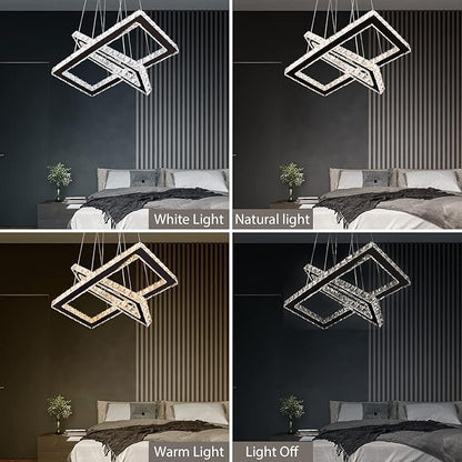 Dimmable Crystal Chandelier, Modern Rectangular 2 Ring LED Pendant Light with Remote & App Control, 20.5"+17" Adjustable Hanging Height, 3 CCT 2500K/4500K/6500K, Kitchen Island Dining Room