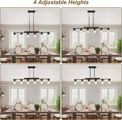 47.2'' Kitchen Island Light Fixtures, 6-Light Dining Room Light Fixture Chandelier Over Table, Black Modern Rustic Wood Ceiling Pendant Light Fixtures, with Clear Glass Shade, Farmhouse Chandelier