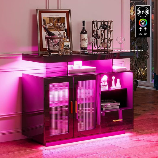 HNEBC LED Sideboard Buffet Cabinet with Charging Station, Smart Bar Cabinet with Auto RGB Lighted, High Gloss Coffee Bar with Drawer/Hutch for Living Room, Dining Room, Home Storager(Black)