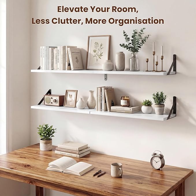 Axeman 36 Inch Floating Shelves | 8 Inch Deep White Wall Shelves Set of 2 | 36''W x 8''D Rustic White Wood Shelves for Bathroom Living Room Bedroom Kitchen