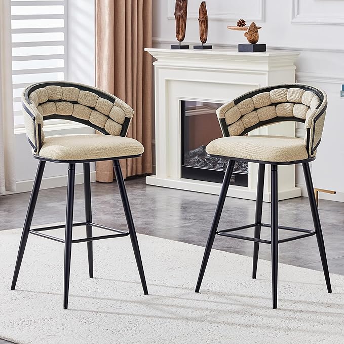 Set of 2 Beige Velvet Bar Stools with Black Iron Legs, Kitchen Island Counter Height Stools