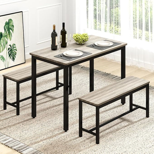 Rovibek 43" Dining Table Benches Set for 4, Modern Space Saving Kitchen Table Chairs & Adjustable Feet Breakfast Table 2 Benches, Wooden Industrial Style Farmhouse, Light Grey