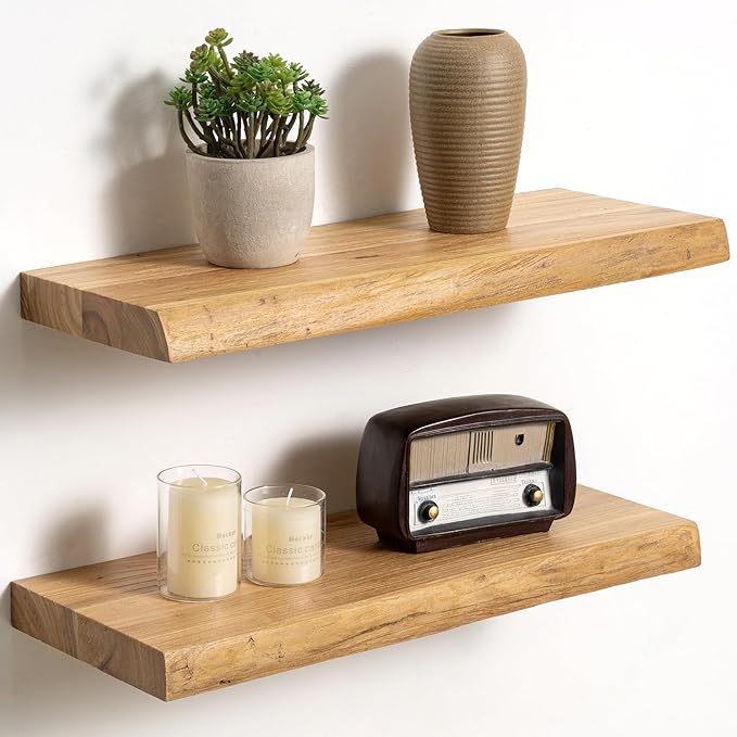 Fun Memories Floating Shelves for Wall Decor Set of 2-20 Inch Solid Elm Wood Live Edge - Rustic Natural Wall Shelves with Invisible Brackets - for Living Room, Bedroom, Kitchen - Natural Finish