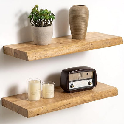 Fun Memories Floating Shelves for Wall Decor Set of 2-20 Inch Solid Elm Wood Live Edge - Rustic Natural Wall Shelves with Invisible Brackets - for Living Room, Bedroom, Kitchen - Natural Finish