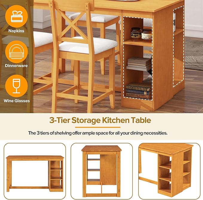 Solid Wood Counter Height Dining Set, 60" L x 30" W Farmhouse Kitchen Table with Open Shelves, 5 Piece Bar Height Dining Table Set with Padded Cross Back Chairs for Kitchen