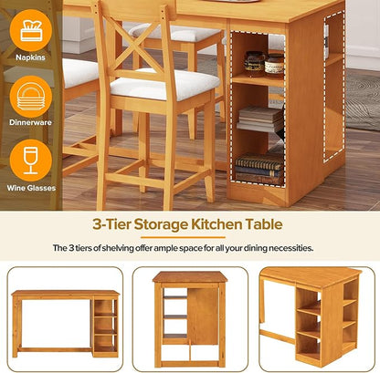 Solid Wood Counter Height Dining Set, 60" L x 30" W Farmhouse Kitchen Table with Open Shelves, 5 Piece Bar Height Dining Table Set with Padded Cross Back Chairs for Kitchen