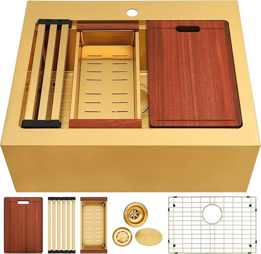 30 Inch Farmhouse Gold Sink, 16 Gauge 304 Stainless Steel Farm Sinks, Drop In Topmount Single Bowl Workstation Sink with all Accessories, 30" x 22" x 10" Large and Deep Kitchen Sink