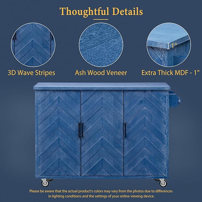 GOWE K&K 51.2" W 3D Wave Stripes Ash Veneer(Not Cheap Paper) Kitchen Island with Drop Leaf, Farmhouse Kitchen Island on Wheels with Internal Storage Rack, Rolling Kitchen Cart (Navy Blue)