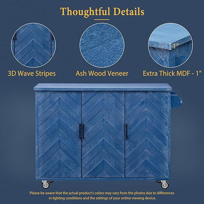 GOWE K&K 51.2" W 3D Wave Stripes Ash Veneer(Not Cheap Paper) Kitchen Island with Drop Leaf, Farmhouse Kitchen Island on Wheels with Internal Storage Rack, Rolling Kitchen Cart (Navy Blue)