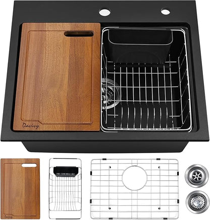 Davivy 22 Inch Granite Kitchen Sink Workstation, 22 x 19 Black Drop In/Undermount Kitchen Sink, Deep Quartz Composite Single Bowl Basin with Accessories