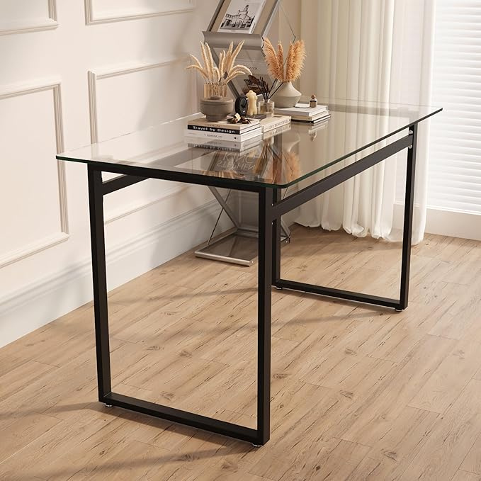 Goujxcy Glass Dining Table Modern 51'' Rectangle Kitchen Table for 4 with Tempered Glass Tabletop and Metal Legs for Kitchen, Dining Room, Restaurants (Black)
