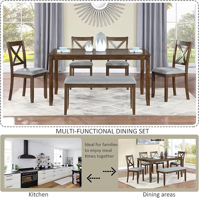 6-Piece Kitchen Dining Set, Rectangular Wooden Dining Table with 4 Upholstered Chairs and 1 Bench, Modern Dining Table Set for 6 People for Dining Room, Home Bar and Kitchen, Walnut