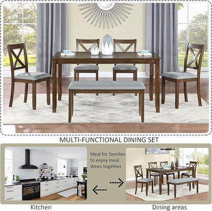 6-Piece Kitchen Dining Set, Rectangular Wooden Dining Table with 4 Upholstered Chairs and 1 Bench, Modern Dining Table Set for 6 People for Dining Room, Home Bar and Kitchen, Walnut