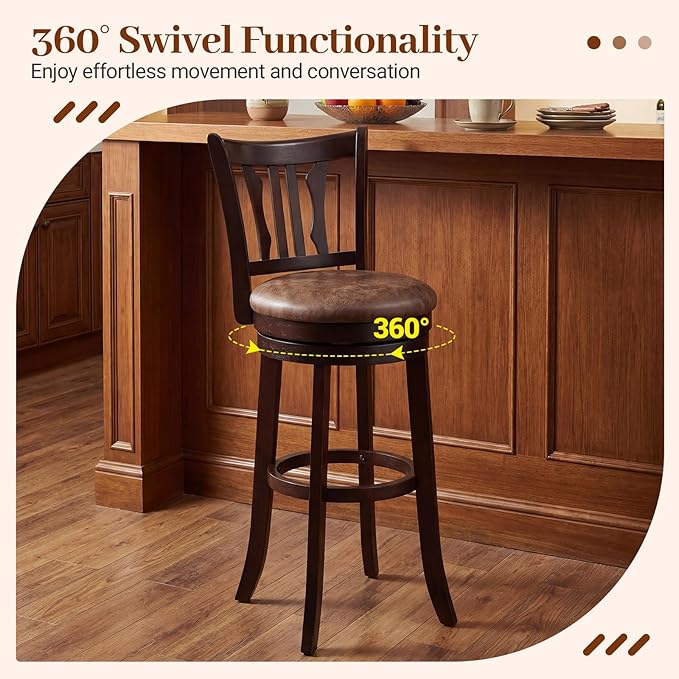 Giantex Swivel Bar Stools Set of 2, 30" Upholstered Bar Height Bar Chairs with Back, Faux Leather Seat, Solid Rubber Frame & Wrap-Around Footrest, Wooden Barstools for Kitchen Island, Pub