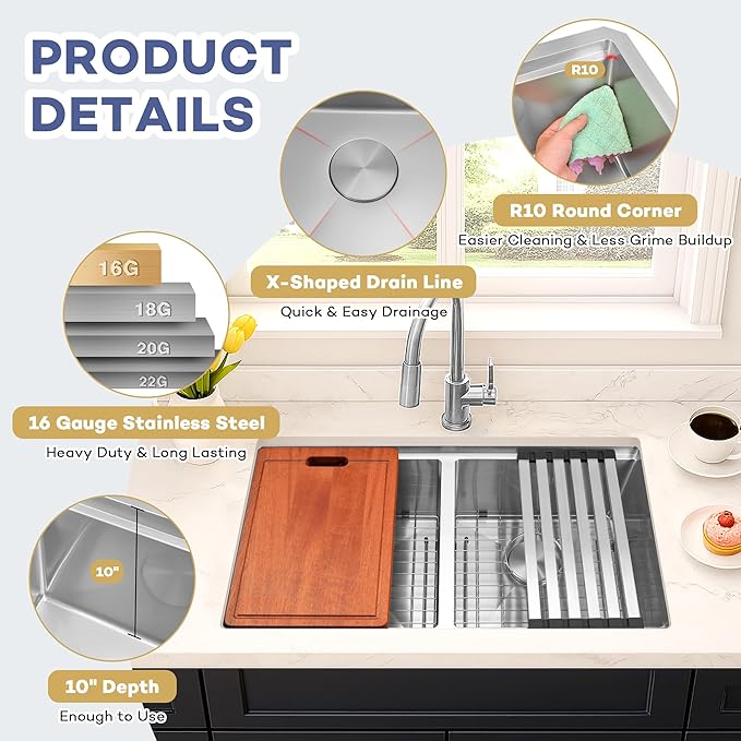LQS Stainless Steel Sink Double Bowl, 31 Inch Kitchen Sink Undermount, Undermount/Drop In Installation Kitchen Sink 31x18, X-Shaped Drain Line for Quick & Fast Drainage