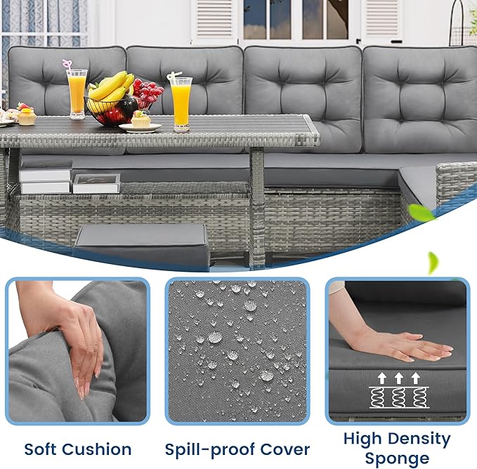 KROFEM 6-Piece Patio Furniture Set, Outdoor Sectional Sofa with Dining Table & Chairs, All-Weather Dining Set with Removable Cushion Covers, Ideal for Garden, Porch, Backyard, Grey