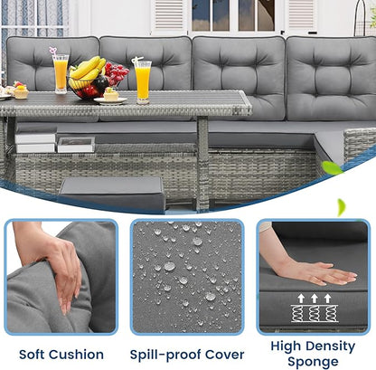 KROFEM 6-Piece Patio Furniture Set, Outdoor Sectional Sofa with Dining Table & Chairs, All-Weather Dining Set with Removable Cushion Covers, Ideal for Garden, Porch, Backyard, Grey