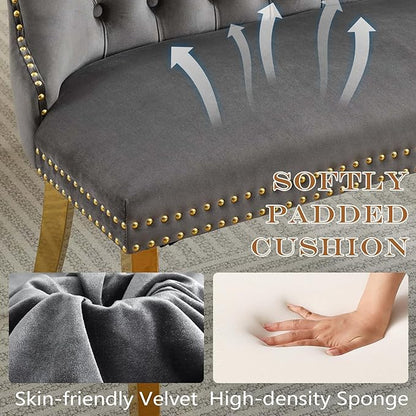 45.6in Upholstered Dining Bench, Mid-Century Modern Kitchen Room Bench with Tufted Back and Metal Legs, Velvet Small Sofa Couch Bench, Grey Gold