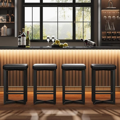 IDEALHOUSE Bar Stools Set of 4, 24.6" Counter Height Backless Barstools, Upholstered PU Leather Seats with Metal X-Frame & Footrest, Modern Kitchen Stools for Home Bar, Dining Room, Black