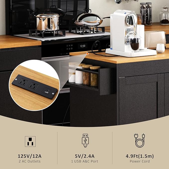 GOWE K&K 74.8" Kitchen Island with Extendable Dining Table, Kitchen Storage Cart with 3 Drawers, Power Outlet, Rolling Kitchen Island on Wheels with Spice Rack and 2 Door Cabinet, for Kitchen, Black