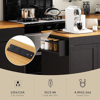 GOWE K&K 74.8" Kitchen Island with Extendable Dining Table, Kitchen Storage Cart with 3 Drawers, Power Outlet, Rolling Kitchen Island on Wheels with Spice Rack and 2 Door Cabinet, for Kitchen, Black