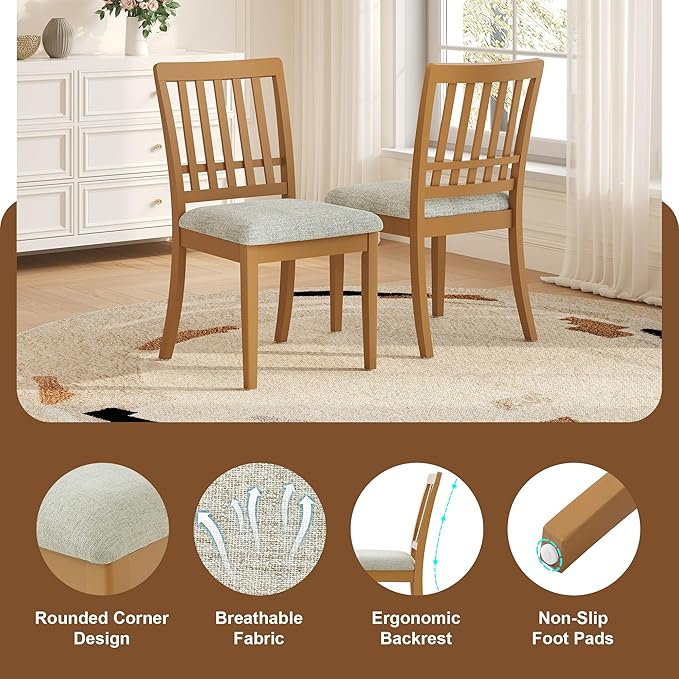 3-Piece Drop Leaf Round Dining Table Set for 2, Farmhouse Kitchen Table Set with Extendable Round Table and 2 Upholstered Chairs. Wood Table and Chairs Set for Dining Room, Living Room, Light Brown