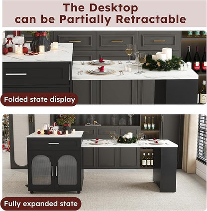 80" Expandable Kitchen Island with Dining Table, Marble Countertop & Power Outlet, Mobile Storage Cart with Cabinet & 2 Drawers, Black Kitchen Prep Table